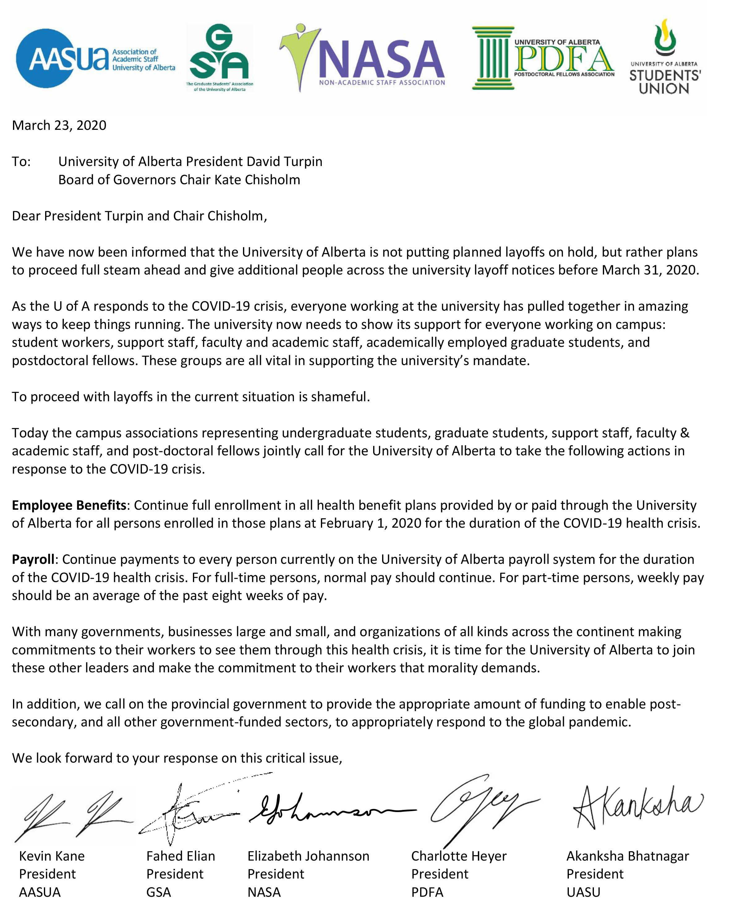 Joint Letter to President Turpin and Chair Chisholm